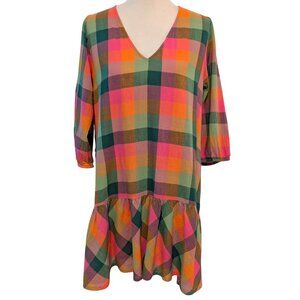 Pink Chicken Womens Size S Colorul Check Ruffle Hem Shift Dress Missing Belt